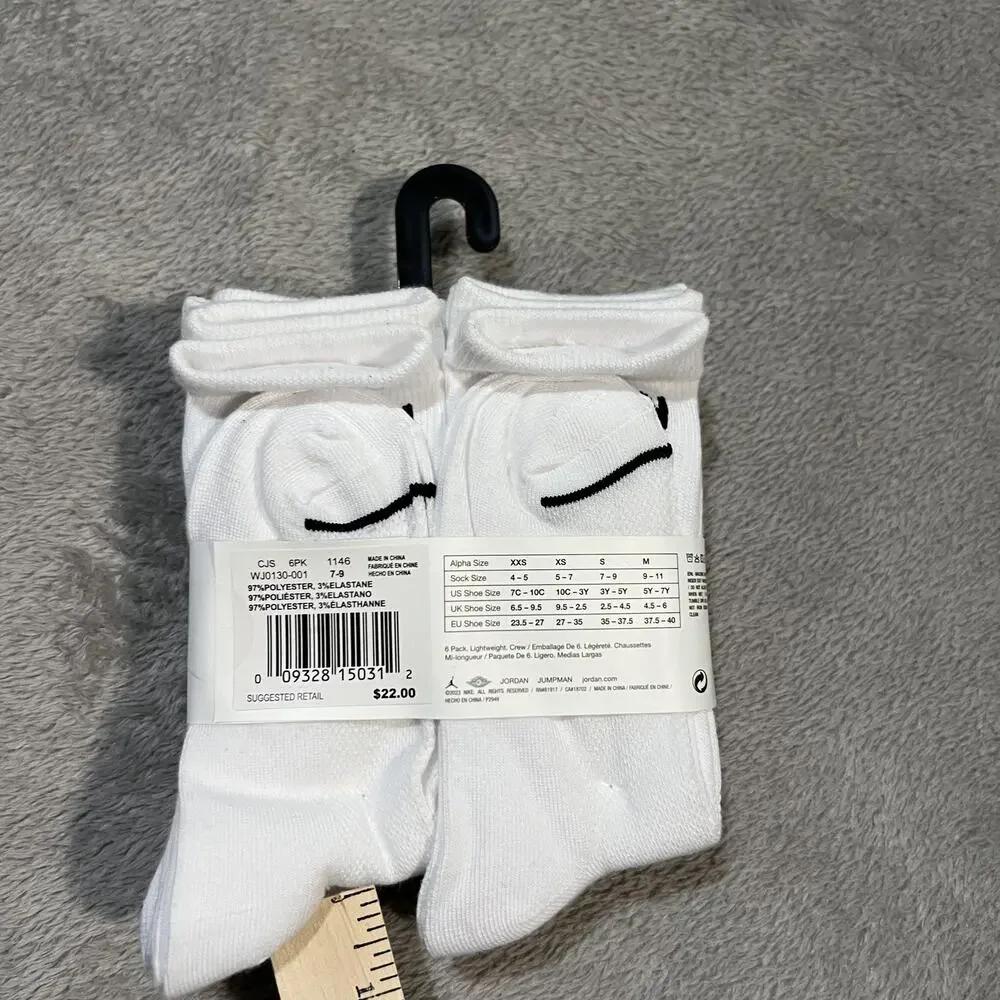 Jordan Socks Youth 3Y-5Y White Crew Lightweight Logo 6 Pack